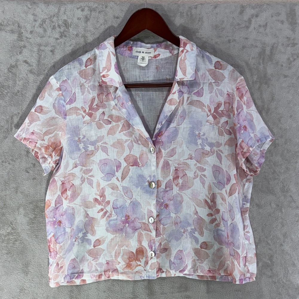 Anthropologie Cloth & Stone Pastel Watercolor Floral Linen Button Top Size L